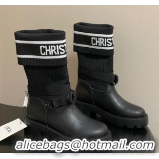 Good Quality Dior D-Major Ankle Boots in Black Calfskin with Black and White Technical Knit 1029012