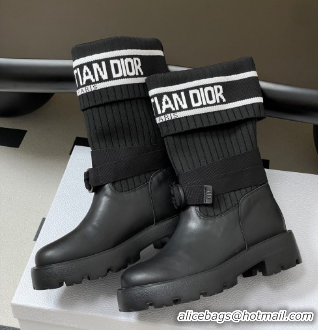 Good Quality Dior D-Major Ankle Boots in Black Calfskin with Black and White Technical Knit 1029012