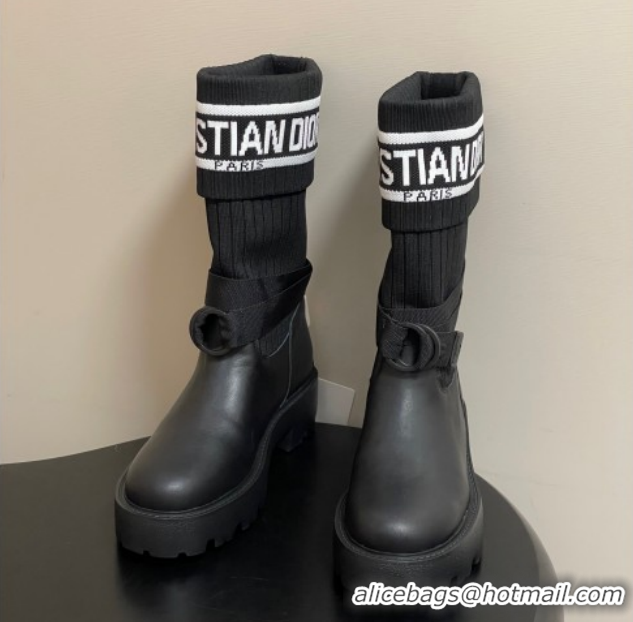 Good Quality Dior D-Major Ankle Boots in Black Calfskin with Black and White Technical Knit 1029012