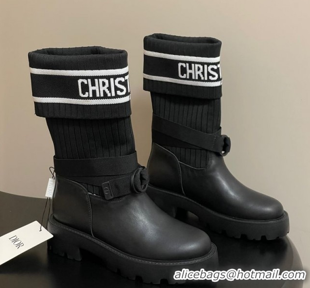Good Quality Dior D-Major Ankle Boots in Black Calfskin with Black and White Technical Knit 1029012