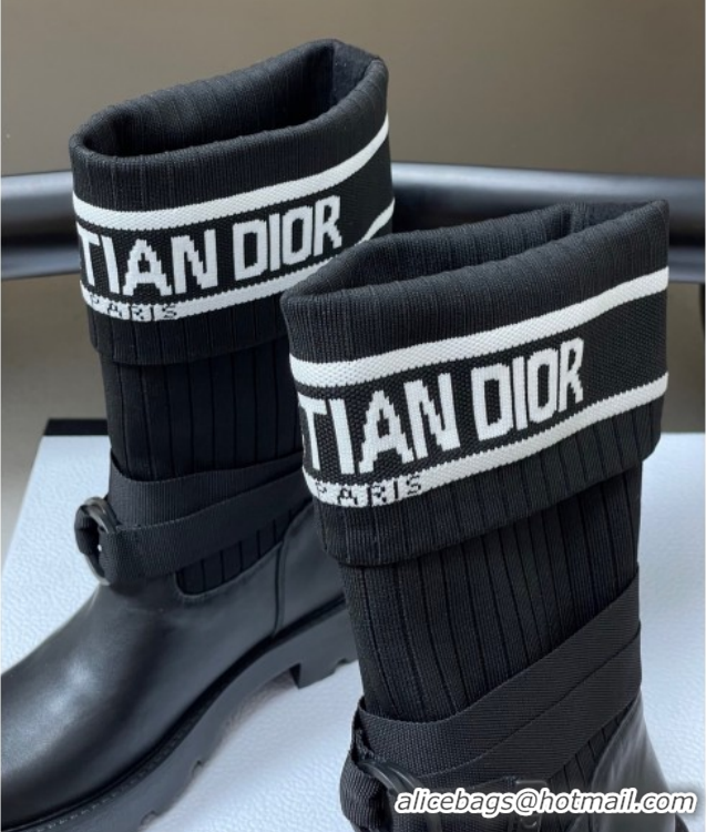Good Quality Dior D-Major Ankle Boots in Black Calfskin with Black and White Technical Knit 1029012