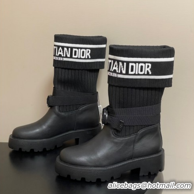 Good Quality Dior D-Major Ankle Boots in Black Calfskin with Black and White Technical Knit 1029012