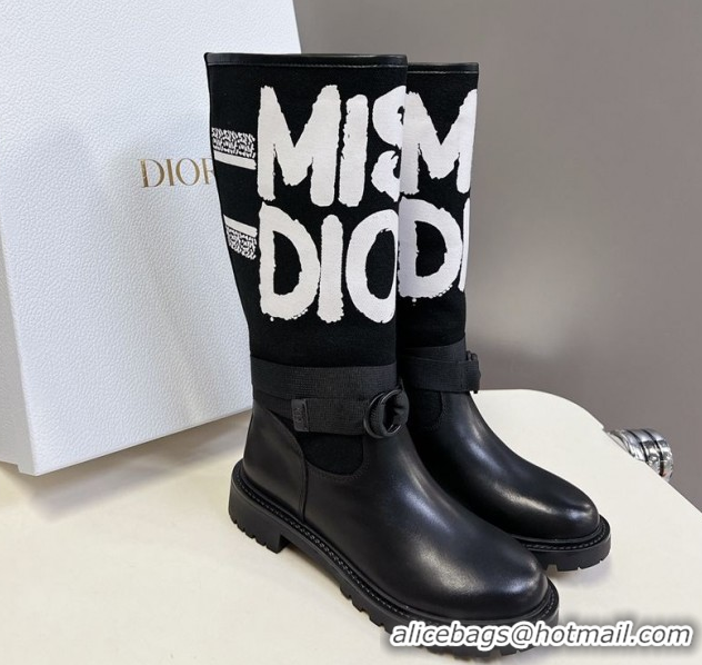 Grade Quality Dior D-Major Flat High Boots in White Miss Dior Print Fabric with Black Calfskin 1029013
