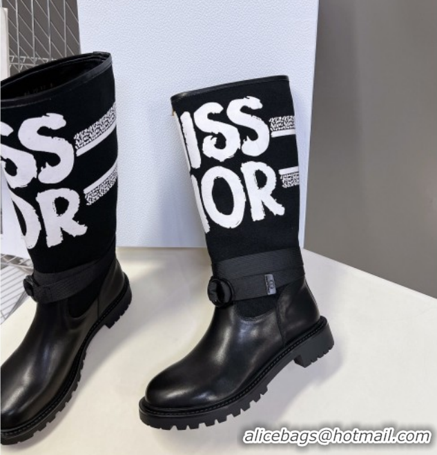 Grade Quality Dior D-Major Flat High Boots in White Miss Dior Print Fabric with Black Calfskin 1029013