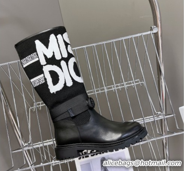 Grade Quality Dior D-Major Flat High Boots in White Miss Dior Print Fabric with Black Calfskin 1029013