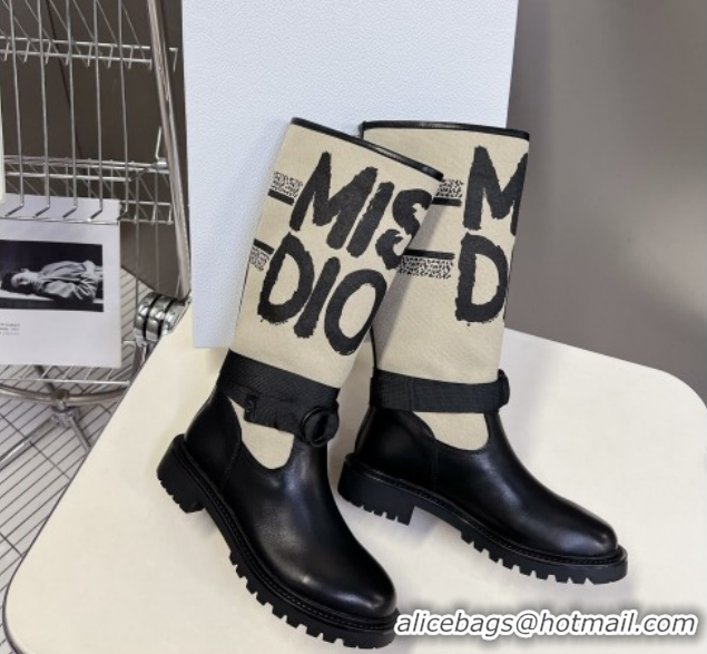 Best Grade Dior D-Major Flat High Boots in Beige Miss Dior Print Fabric with Black Calfskin 1029014