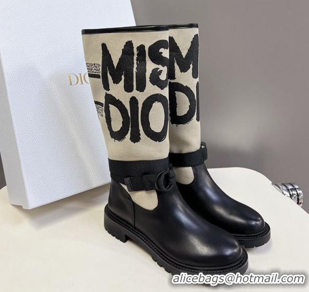 Best Grade Dior D-Major Flat High Boots in Beige Miss Dior Print Fabric with Black Calfskin 1029014