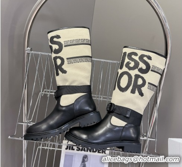Best Grade Dior D-Major Flat High Boots in Beige Miss Dior Print Fabric with Black Calfskin 1029014