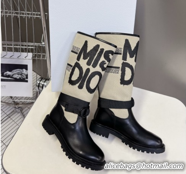 Best Grade Dior D-Major Flat High Boots in Beige Miss Dior Print Fabric with Black Calfskin 1029014