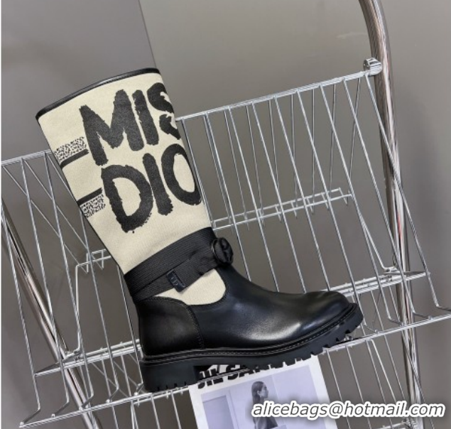 Best Grade Dior D-Major Flat High Boots in Beige Miss Dior Print Fabric with Black Calfskin 1029014