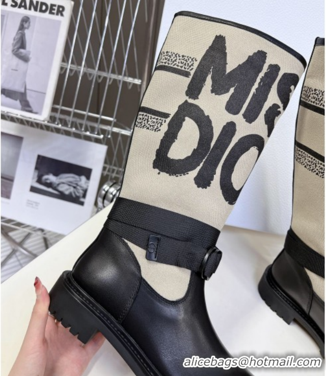 Best Grade Dior D-Major Flat High Boots in Beige Miss Dior Print Fabric with Black Calfskin 1029014