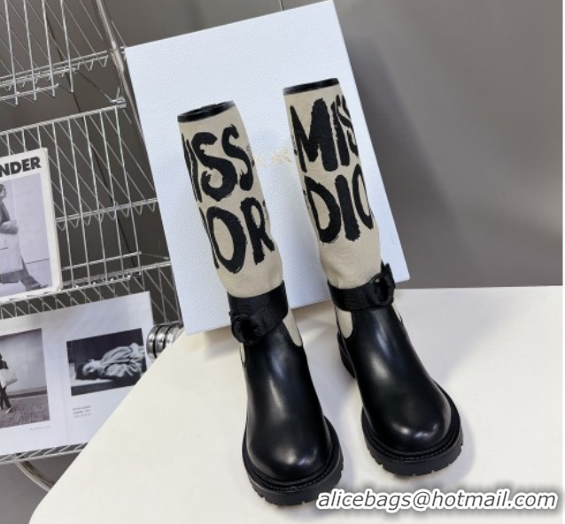 Best Grade Dior D-Major Flat High Boots in Beige Miss Dior Print Fabric with Black Calfskin 1029014