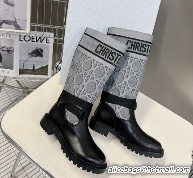 Luxurious Dior D-Major Medium Boots in Grey Cannage Fabric and Black Calfskin D09021 1029025