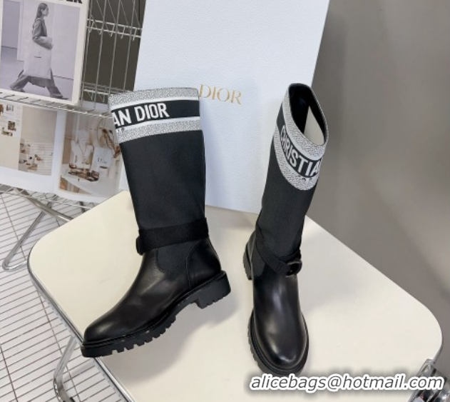 Dior D-Major Medium Boots in Fabric and Calfskin Black/White D09021 1029020