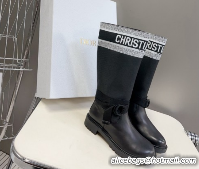 Dior D-Major Medium Boots in Fabric and Calfskin Black/White D09021 1029020