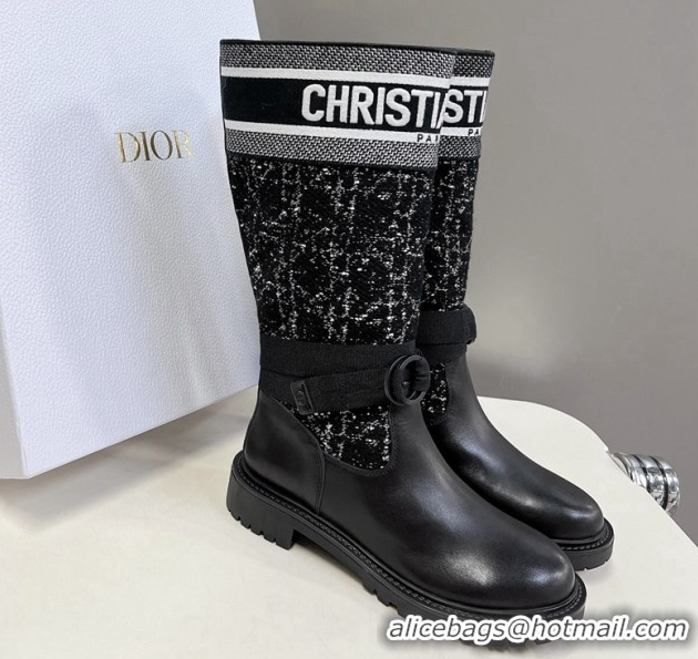 Best Price Dior D-Major High Boots in Black Calfskin with Black and White Cannage Tweed 1029016
