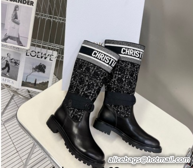 Best Price Dior D-Major High Boots in Black Calfskin with Black and White Cannage Tweed 1029016