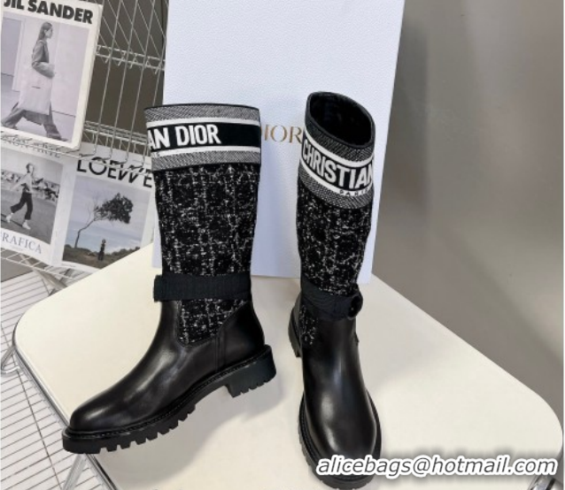 Best Price Dior D-Major High Boots in Black Calfskin with Black and White Cannage Tweed 1029016