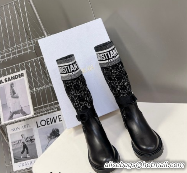 Best Price Dior D-Major High Boots in Black Calfskin with Black and White Cannage Tweed 1029016