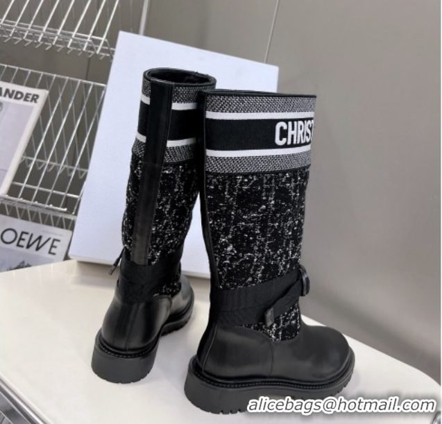 Best Price Dior D-Major High Boots in Black Calfskin with Black and White Cannage Tweed 1029016