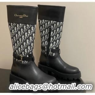Popular Style Dior D-Town High Boots in Black Calfskin and Oblique Canvas with Buckle 1029026