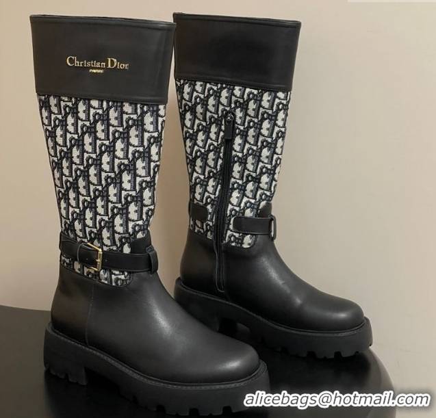 Popular Style Dior D-Town High Boots in Black Calfskin and Oblique Canvas with Buckle 1029026