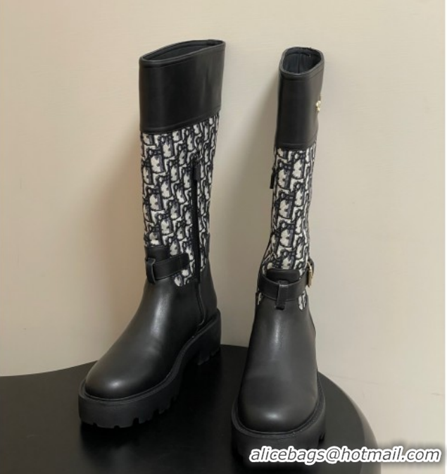 Popular Style Dior D-Town High Boots in Black Calfskin and Oblique Canvas with Buckle 1029026