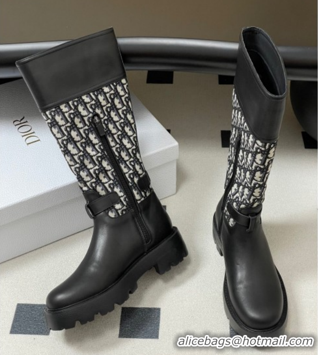 Popular Style Dior D-Town High Boots in Black Calfskin and Oblique Canvas with Buckle 1029026