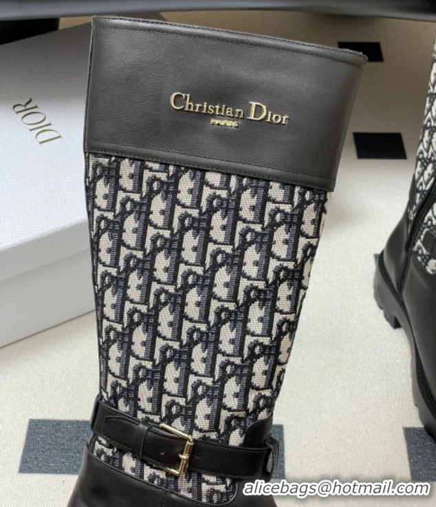 Popular Style Dior D-Town High Boots in Black Calfskin and Oblique Canvas with Buckle 1029026