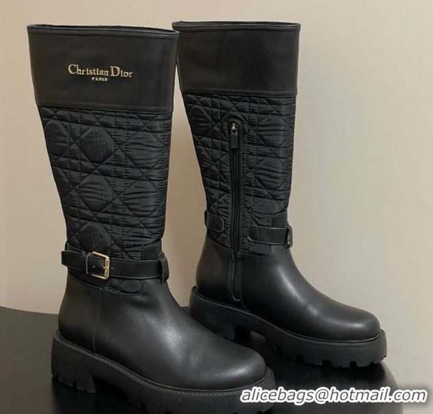 Top Design Dior D-Town High Boots in Black Calfskin and Nylon with Embroidered Cannage Motif with Buckle 1029027