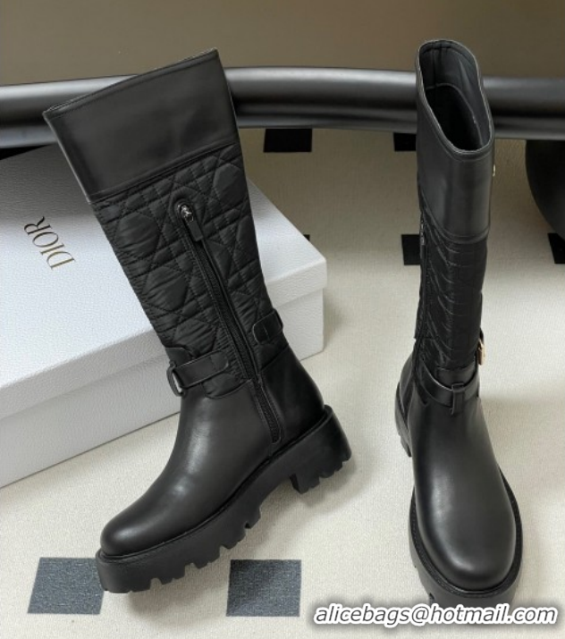 Top Design Dior D-Town High Boots in Black Calfskin and Nylon with Embroidered Cannage Motif with Buckle 1029027