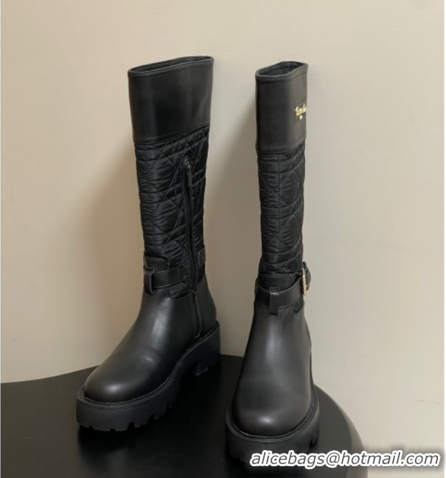 Top Design Dior D-Town High Boots in Black Calfskin and Nylon with Embroidered Cannage Motif with Buckle 1029027