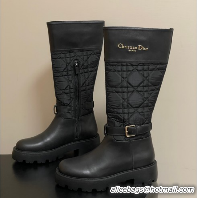 Top Design Dior D-Town High Boots in Black Calfskin and Nylon with Embroidered Cannage Motif with Buckle 1029027