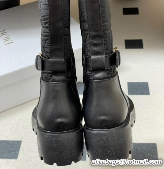 Top Design Dior D-Town High Boots in Black Calfskin and Nylon with Embroidered Cannage Motif with Buckle 1029027