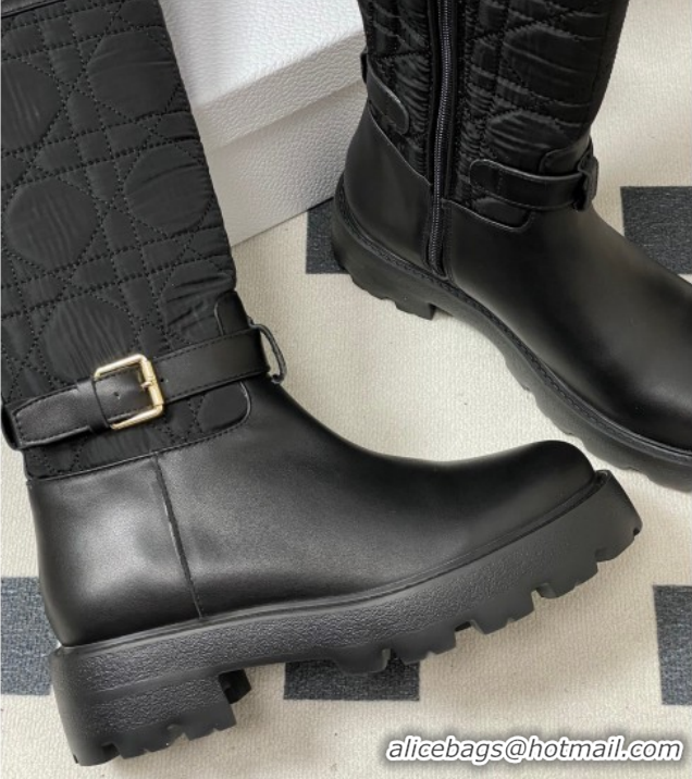 Top Design Dior D-Town High Boots in Black Calfskin and Nylon with Embroidered Cannage Motif with Buckle 1029027