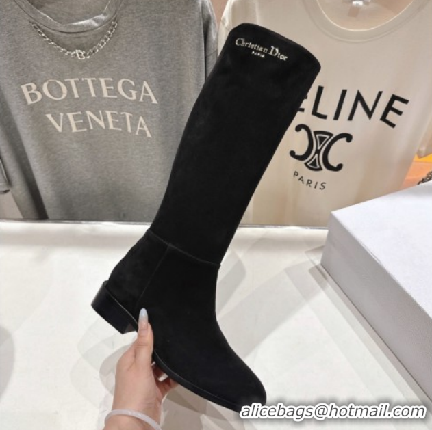 Most Popular Dior D-Town Flat High Boots in Black Supple Suede with Signature 1029028