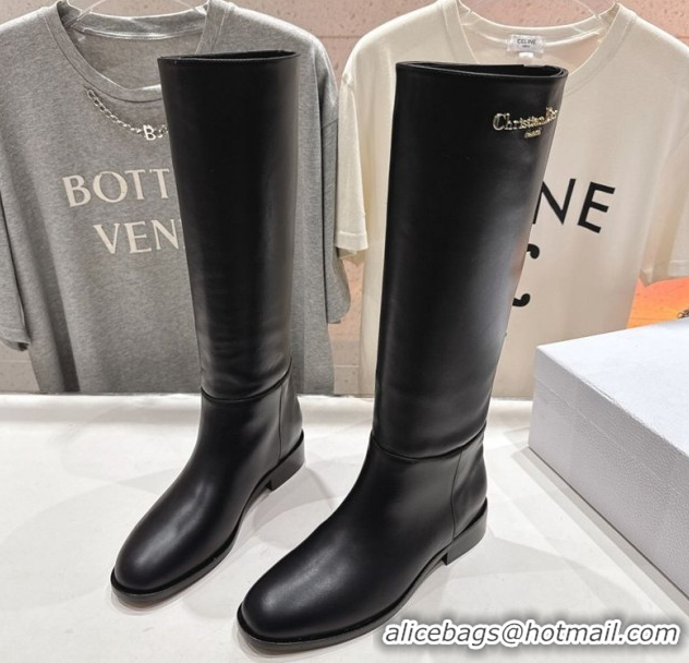 Buy Discount Dior D-Town Flat High Boots in Black Supple Calfskin Leather with Signature 1029029