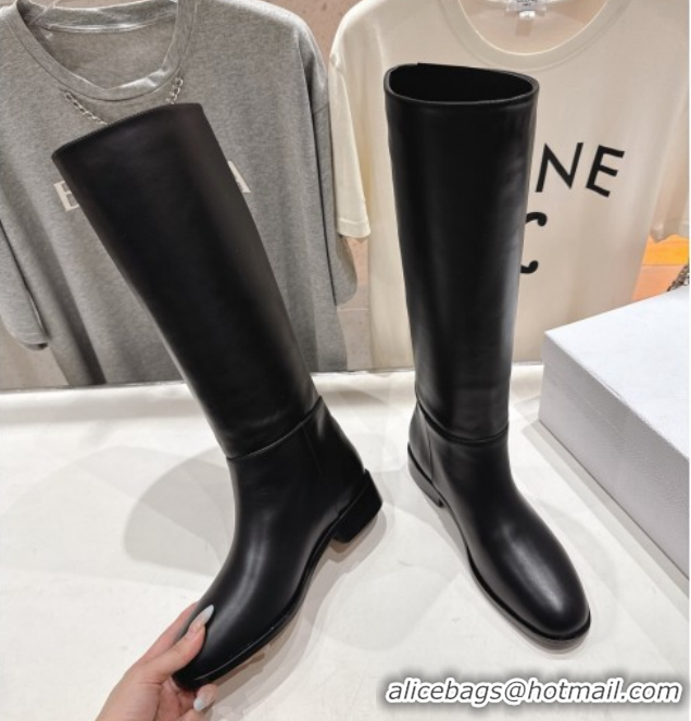 Buy Discount Dior D-Town Flat High Boots in Black Supple Calfskin Leather with Signature 1029029