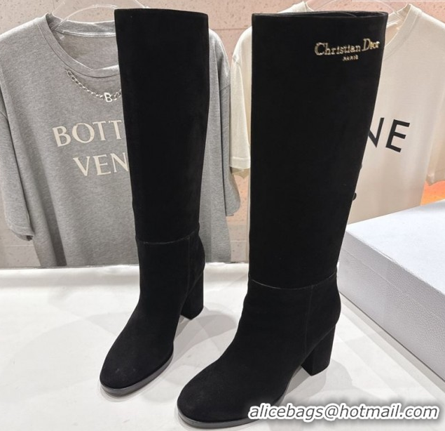 Shop Duplicate Dior D-Town Heel High Boots 8cm in Black Supple Suede with Signature 1029030