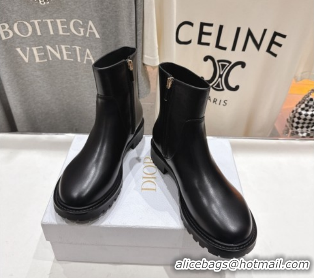 Good Product Dior D-Town Flat Ankle Boots in Black Calfskin Leather with Signature Black 1029032