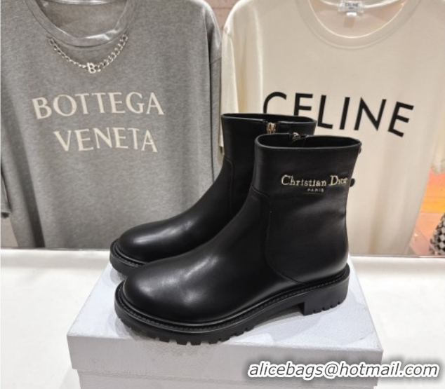 Good Product Dior D-Town Flat Ankle Boots in Black Calfskin Leather with Signature Black 1029032