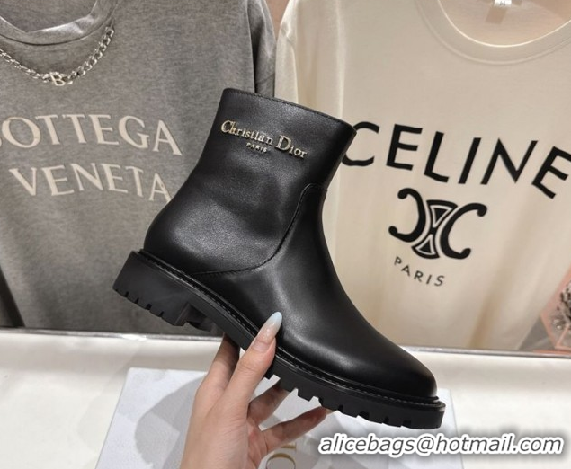 Good Product Dior D-Town Flat Ankle Boots in Black Calfskin Leather with Signature Black 1029032