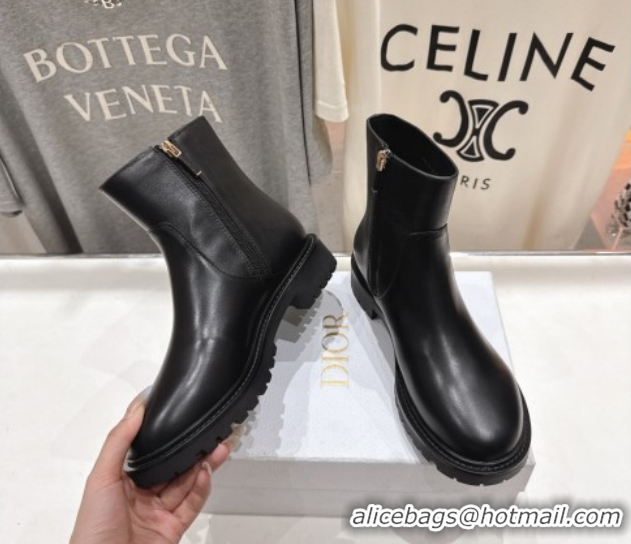 Good Product Dior D-Town Flat Ankle Boots in Black Calfskin Leather with Signature Black 1029032