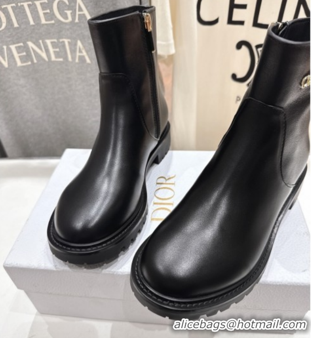 Good Product Dior D-Town Flat Ankle Boots in Black Calfskin Leather with Signature Black 1029032