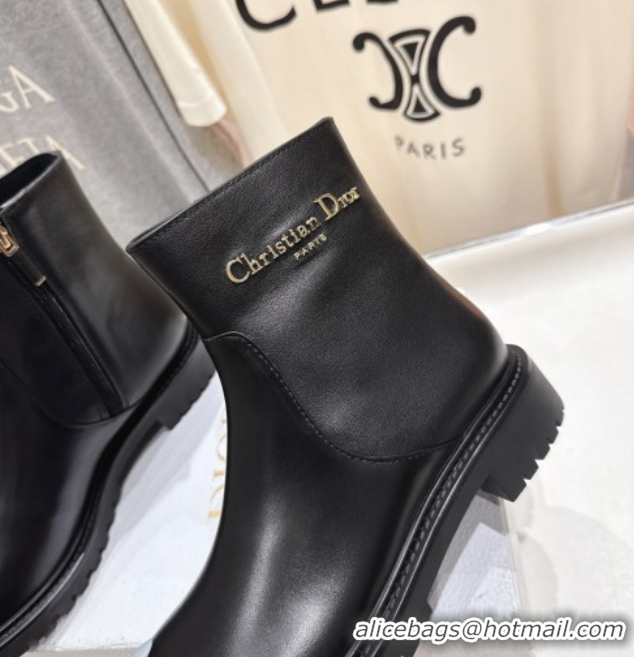 Good Product Dior D-Town Flat Ankle Boots in Black Calfskin Leather with Signature Black 1029032