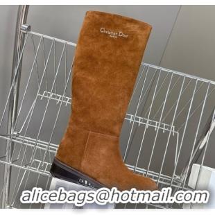 Unique Style Dior D-Town Flat High Boots in Supple Suede with Signature Brown 1029034