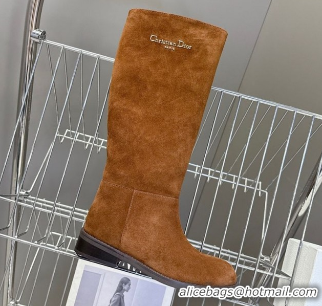 Unique Style Dior D-Town Flat High Boots in Supple Suede with Signature Brown 1029034