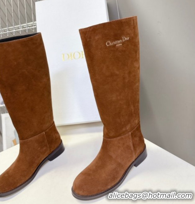 Unique Style Dior D-Town Flat High Boots in Supple Suede with Signature Brown 1029034