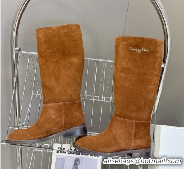 Unique Style Dior D-Town Flat High Boots in Supple Suede with Signature Brown 1029034