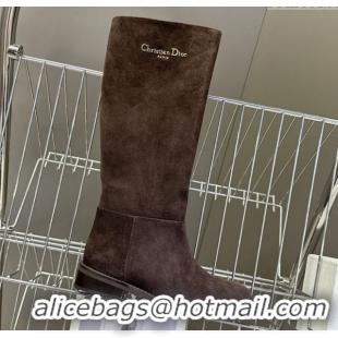 Good Quality Dior D-Town Flat High Boots in Supple Suede with Signature Chocolate Brown 1029035